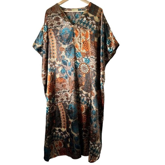 Bobbie Brooks Kimono Kaftan Tunic Cover Up Sleepwear OS psychedelic Print Silky - Picture 1 of 10